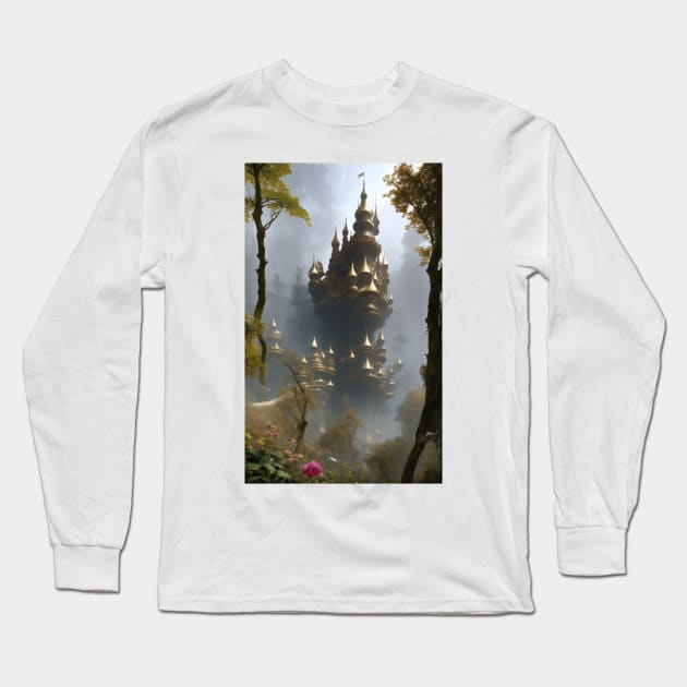 Parnassus Fantasy Forest Castle In The Foggy Woods Long Sleeve T-Shirt by entwithanaxe